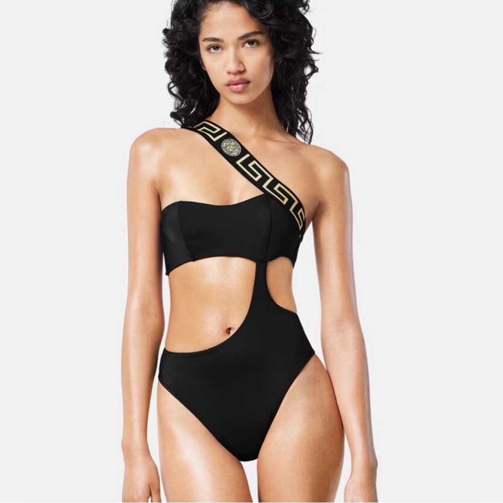 Versace Black One-Shoulder Cutout One-Piece with Gold Greek Key Strap